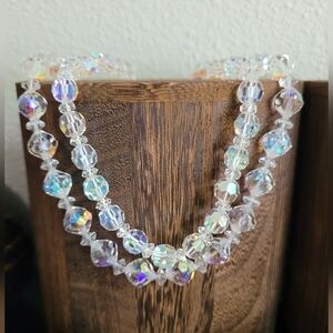 Pair Of Vintage AB Crystal Bead Necklaces 1950s Clear/White Facetated Choker